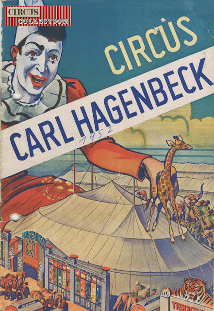 Programme papier du cirque Hagenbeck 1952 avec comme illustration, le chapiteau du cirque est un clown déplaçant une girafe 