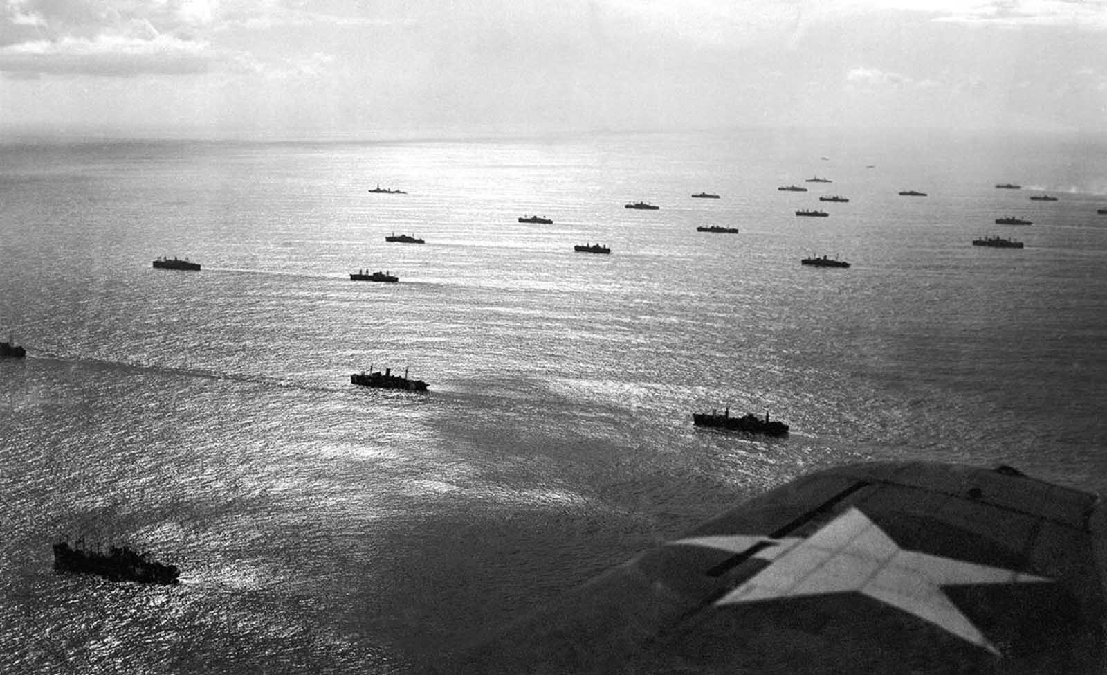 An Allied convoy, escorted by sea and air, plowed through the seas toward French North African possessions near Casablanca, French Morocco, in November of 1942, part of Operation Torch, the large British-American invasion of French North Africa.