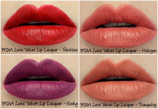 MUA Luxe Velvet Lip Lacquer - Reckless, Halcyon, Kooky and Tranquility Swatches & Review