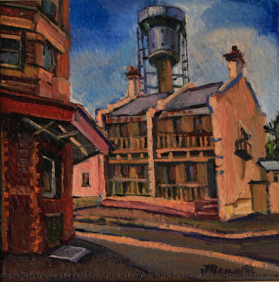 Plein air oil painting of the Harbour Control Tower before it was demolished and the Hotel Palisade near Barangaroo painted by industrial heritage artist Jane Bennett