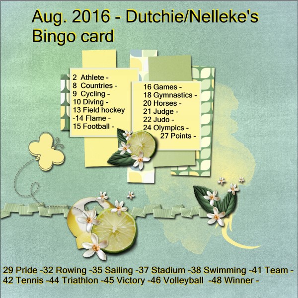 Aug.2016 Dutchie/Nelleke's Bingo card.