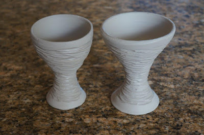 Clay pottery stoneware carved goblets in progress.