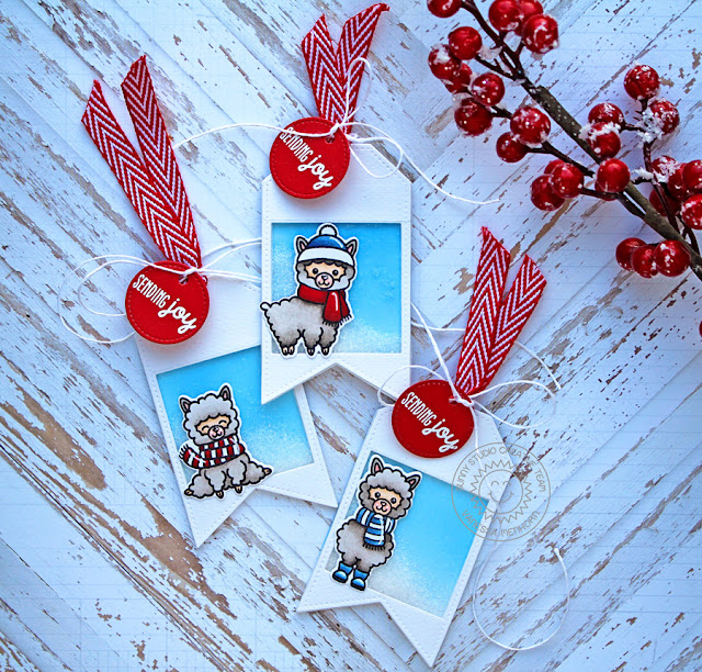 Sunny Studio Stamps: Build-A-Tag Gleeful Sliding Window Alpaca Holiday Sending Joy Holiday Tags by Vanessa Menhorn