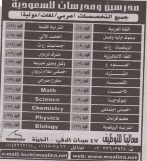 للسعودية: مدرسين فى جميع التخصصات (عربي - لغات - دولية) اعلان الاهرام 18 مارس 2016 0001