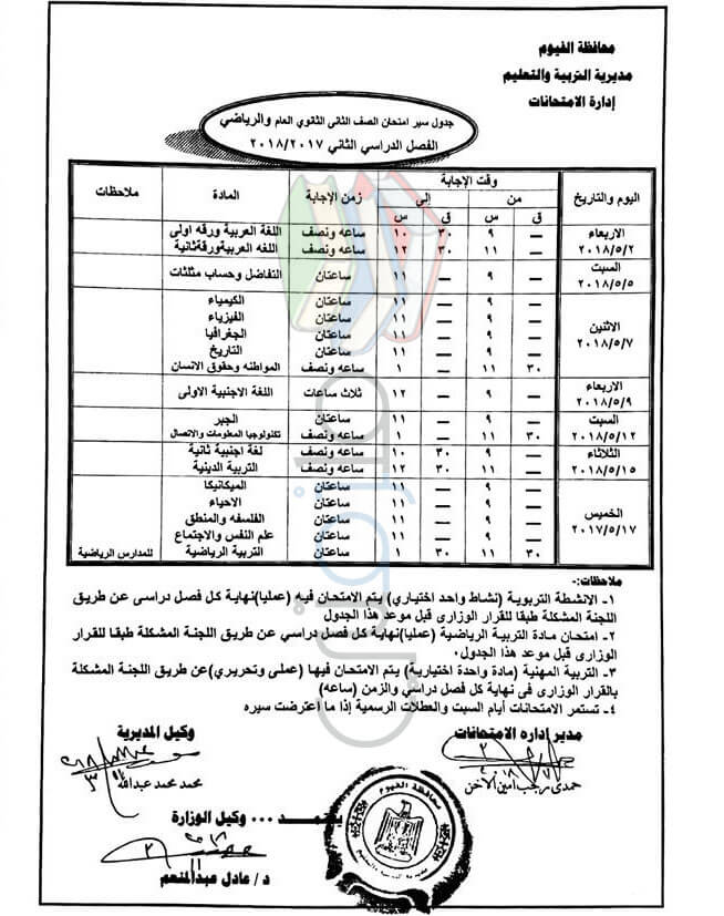 جدول امتحانات الصف الثاني الثانوي 2018 الترم الثاني محافظة الفيوم جدول امتحانات الصف الثاني الثانوي 2018 الترم الثاني محافظة الفيوم