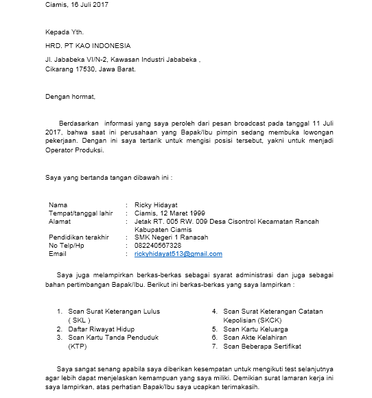 format surat lamaran kerja