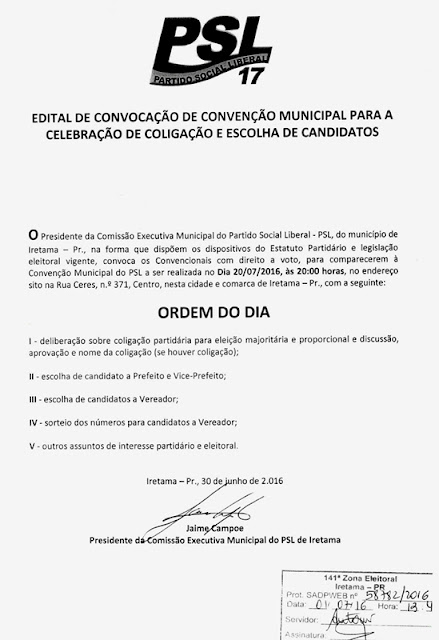 Comissão Executiva do PSL de Iretama publica edital de sua Convenção Municipal