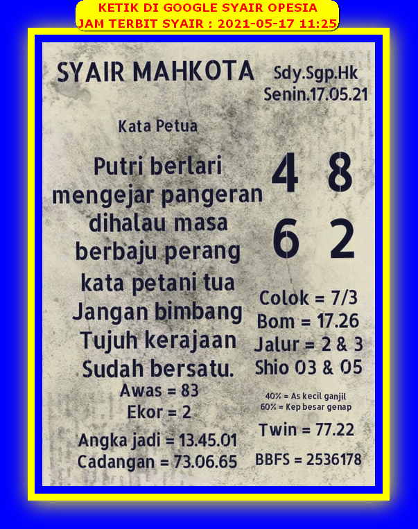 Syair Sdy Hari Ini Senin 17 Mei 2021 Opesia Official