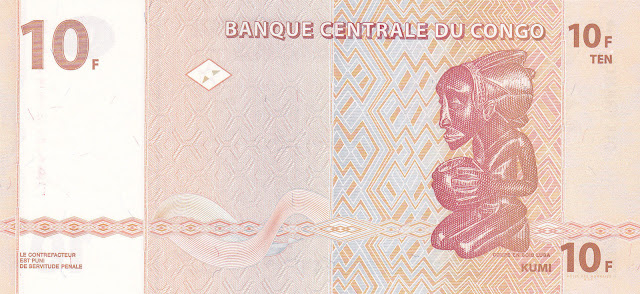 Currency of the Democratic Republic of the Congo 10 Congolese francs banknote 2003 Bois Luba wood carved figure