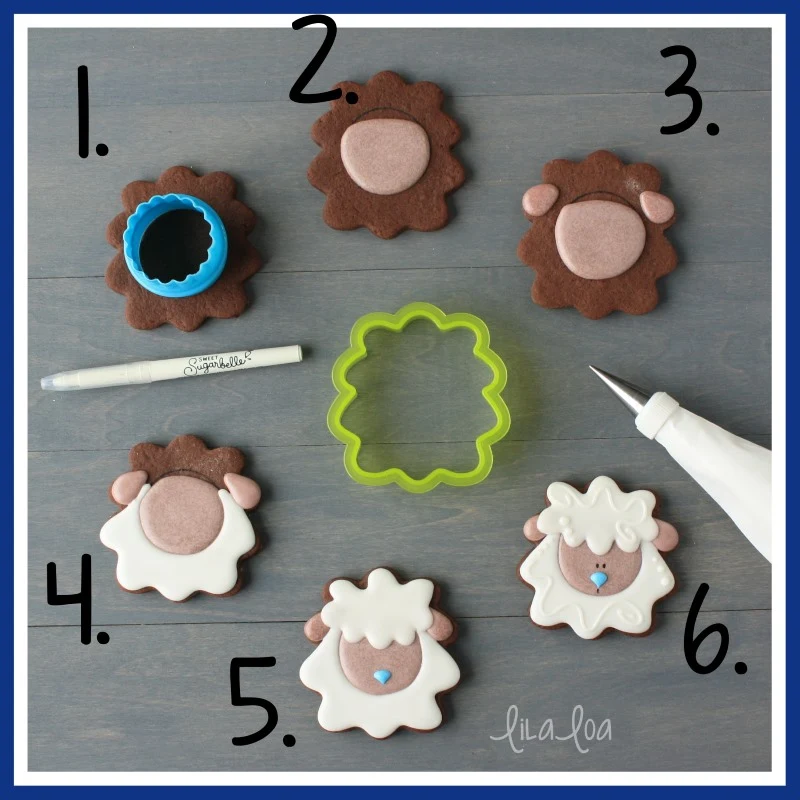 step by step lamb or sheep chocolate sugar cookie decorating tutorial