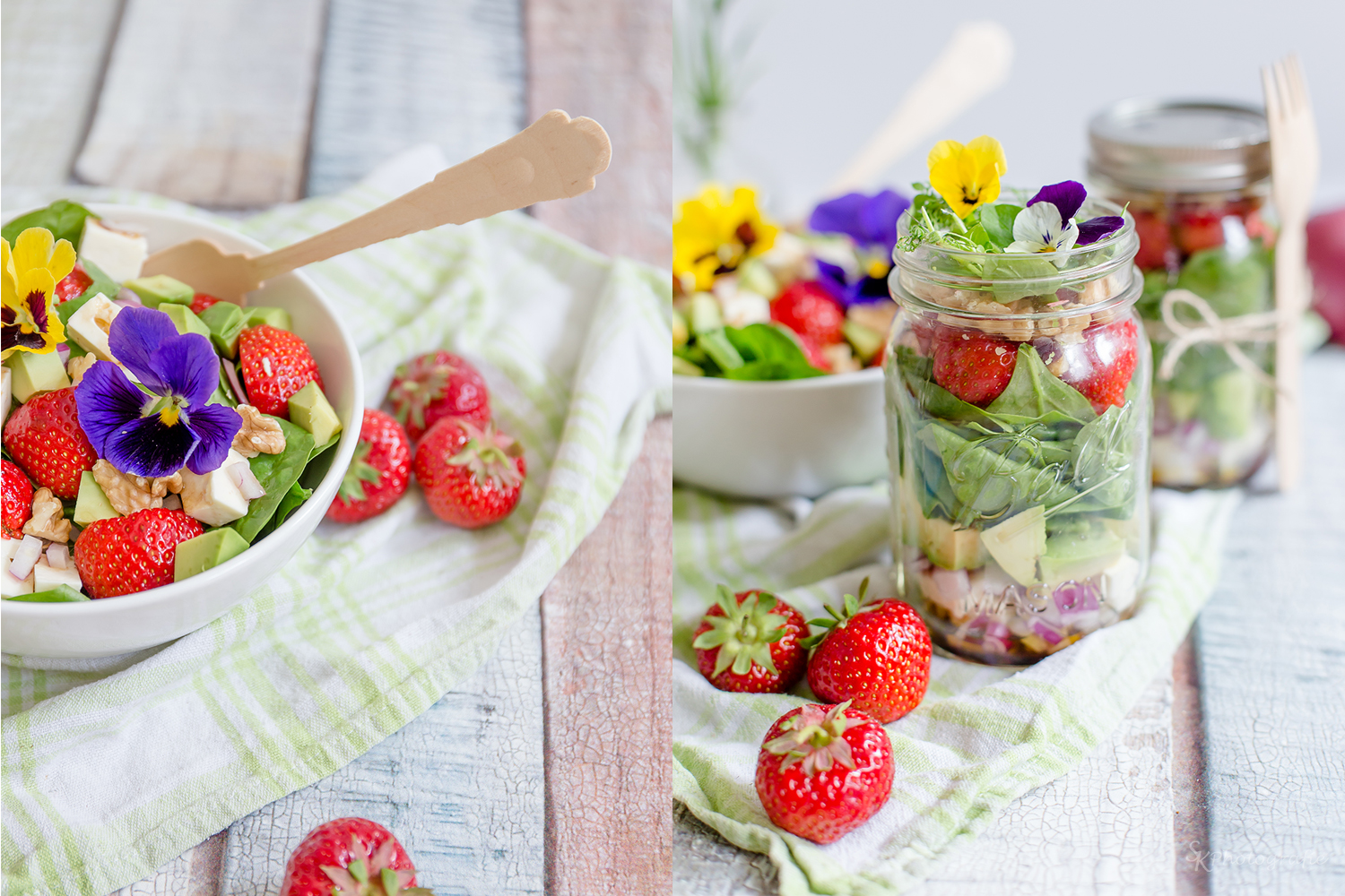 Lunch to go: Avocado-Spinat-Salat im Glas mit Erdbeeren, Fetakäse und ...