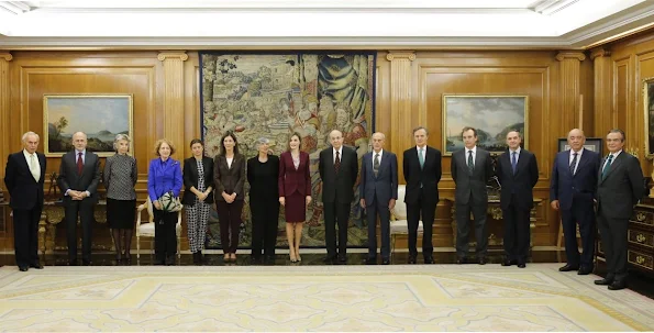 Queen Letizia of Spain attends several audiences at Zarzuela Palace, HUGO BOSS Bedina blouse, Carolina Herrera python pumps, Hugo Boss Jamayla  Blazer and Valessima Skirt 