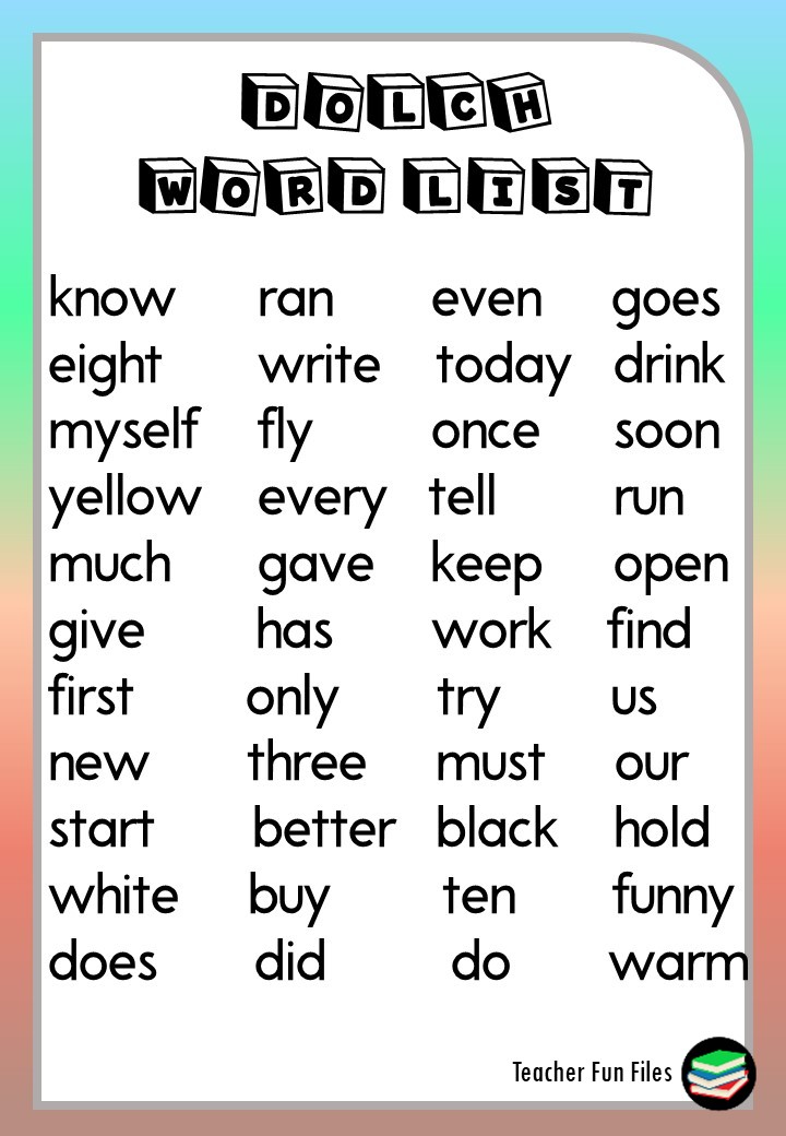 Teacher Fun Files: Dolch Sight Words Chart