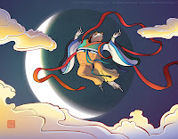 toad in Chinese costume flying to the moon