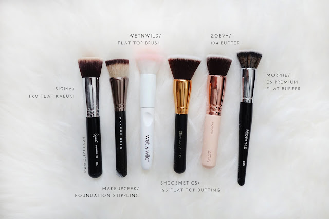 Sigma F80 Flat Kabuki, Makeup Geek Foundation Stippling, WetnWild Flat Top Brush, BHCosmetics 123 Flat Top Buffing, Zoeva 104 Buffer, Morphe E6 Premium Flat Buffer