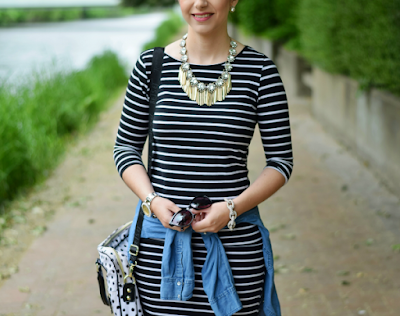 Striped Dress Work outfit with statement necklace