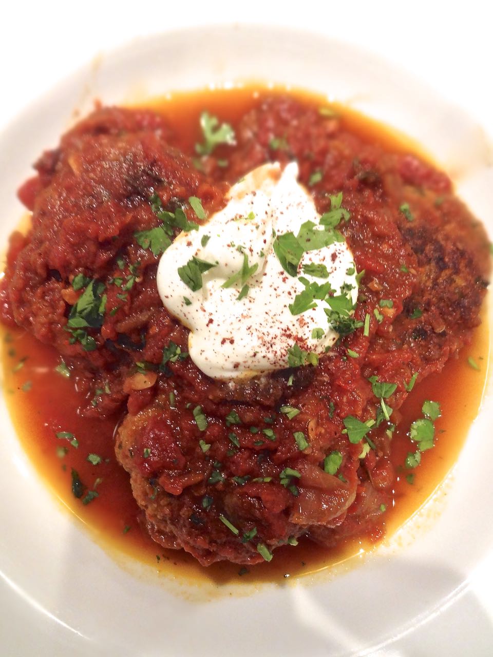 Scrumpdillyicious Cod Cakes in Tomato Sauce with Yogurt & Sumac