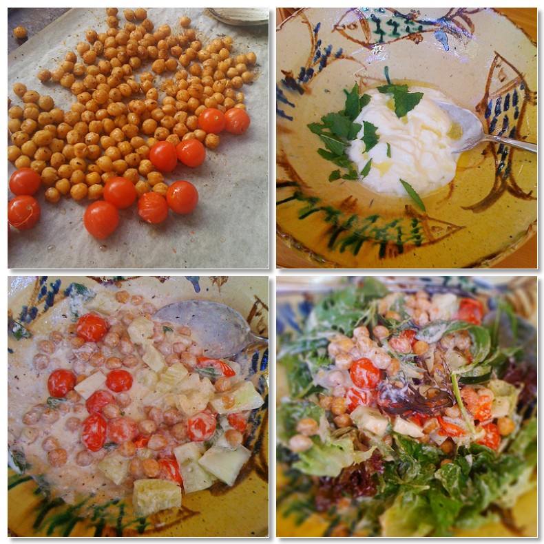 Roasted spicy chickpea salad with minty yogurt (or soy yogurt) dressing