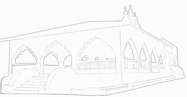 black and white sketch or a large Hindu temple