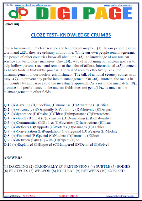 DP | CLOZE TEST | 27 - NOV - 16 DP | CLOZE TEST | 27 - NOV - 16