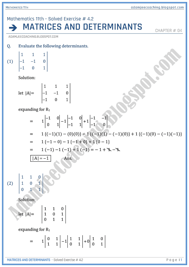 Adamjee Coaching Matrices and Determinants Exercise 4.2