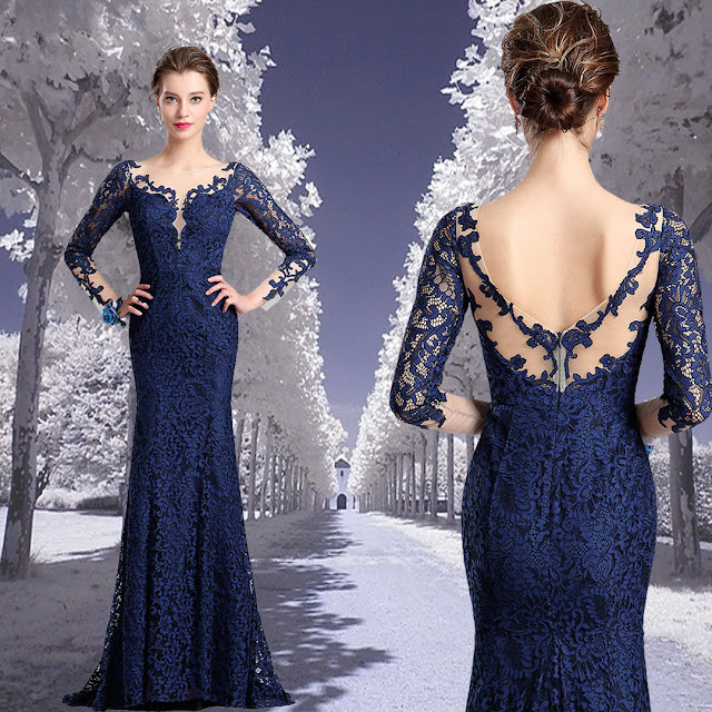 V-Cut Bodice Sexy Navy Blue Lace Dress Ball Gown