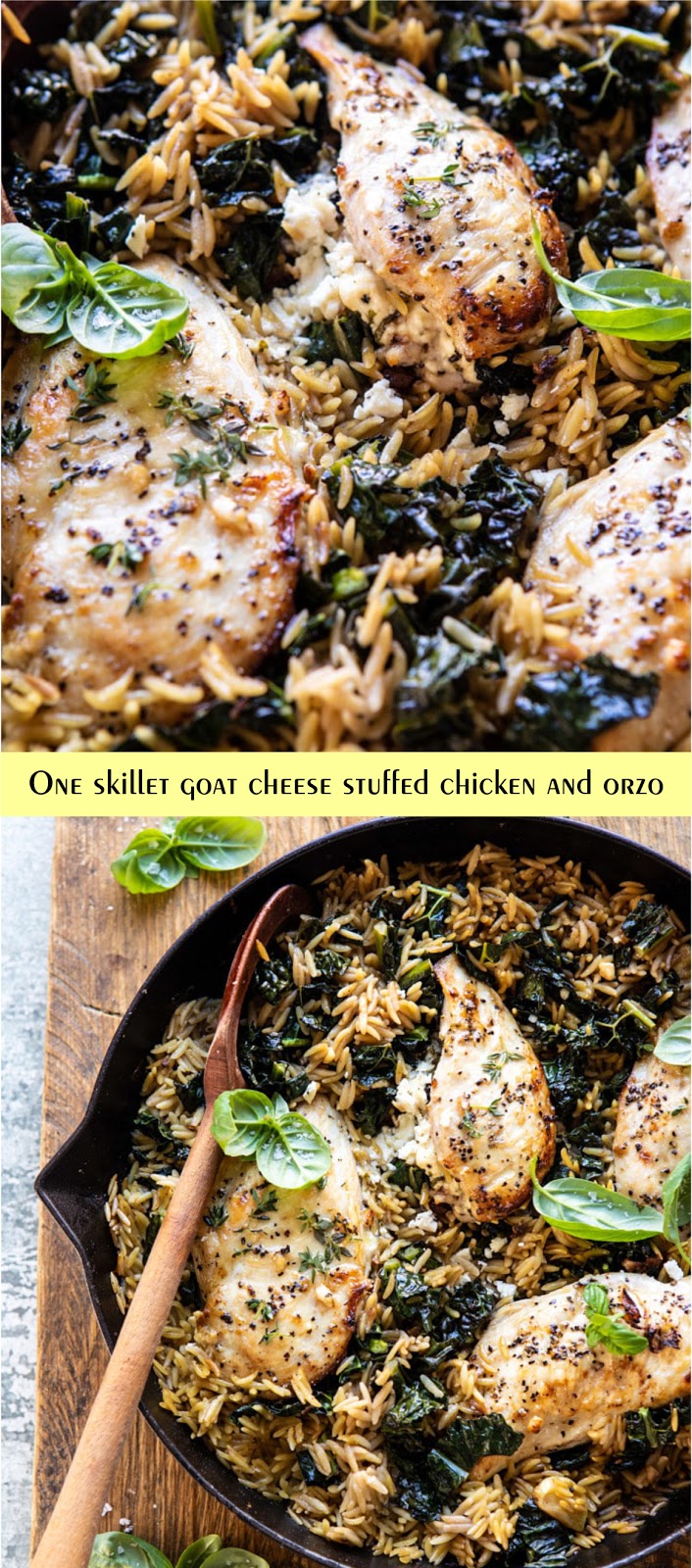 one skillet goat cheese stuffed chicken and orzo