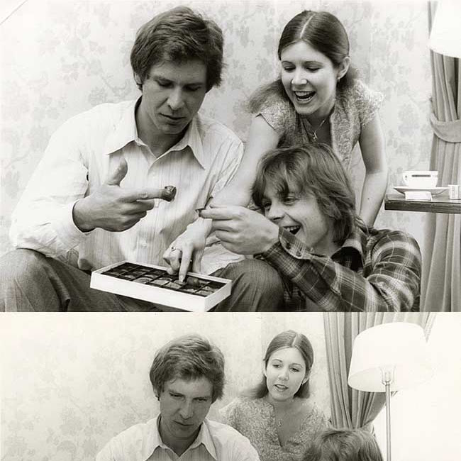 Photo:「スター・ウォーズ」（1977年）を撮影当時のマーク・ハミルとキャリー・フィッシャー、そして、ハリソン・フォード