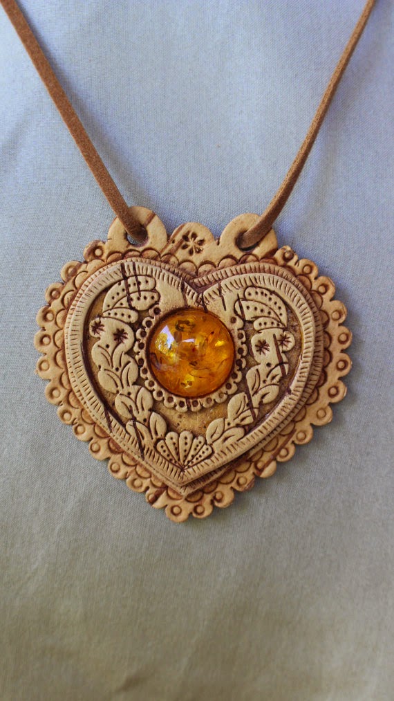 Birch Bark Pendant Necklace with Amber