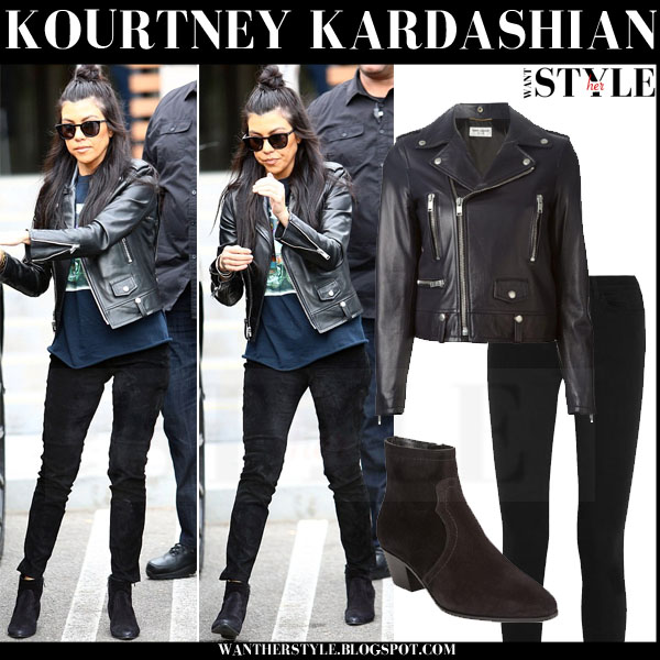 Kourtney Kardashian in black leather jacket and skinny jeans in Agoura ...
