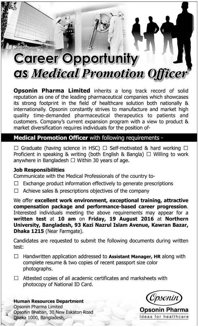 CAREER OPPORTUNITY AS MEDICAL PROMOTION OFFICER