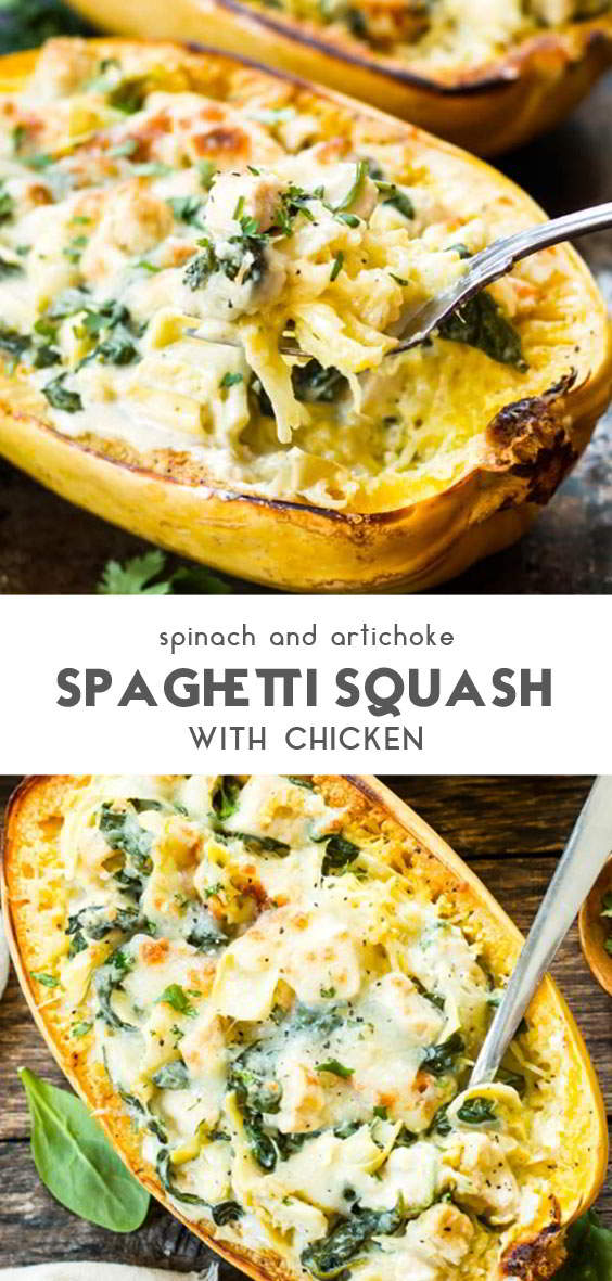 Spinach Artichoke Spaghetti Squash Boats With Chicken - My Zuperrr Kitchen
