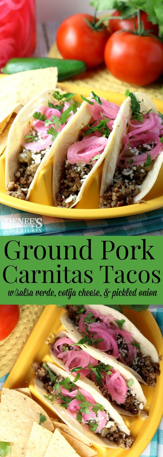 Ground Pork Carnitas Tacos | Renee's Kitchen Adventures - easy recipe made with seasoned ground pork, salsa verde, cotija cheese, cilantro and pickled onions for carnitas in about 30 minutes!  Perfect dinner or lunch recipe to celebrate Cinco de Mayo! 