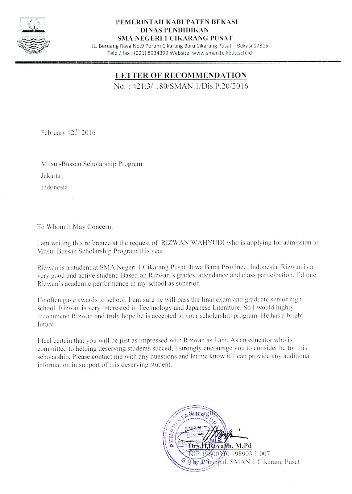 Contoh Surat Rekomendasi Beasiswa Mitsui Bussan