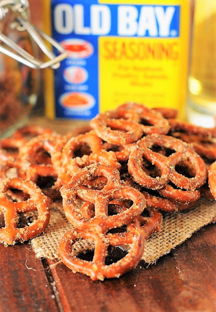 Cajun Pretzels Photo ~ mini pretzel twists seasoned with Old Bay, Ranch seasoning, and cayenne pepper.
