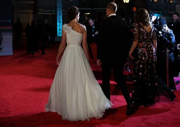 Kate Middleton, the Duchess of Cambridge wearing Princess Diana's pearl earrings, Jenny Packham one shoulder gown