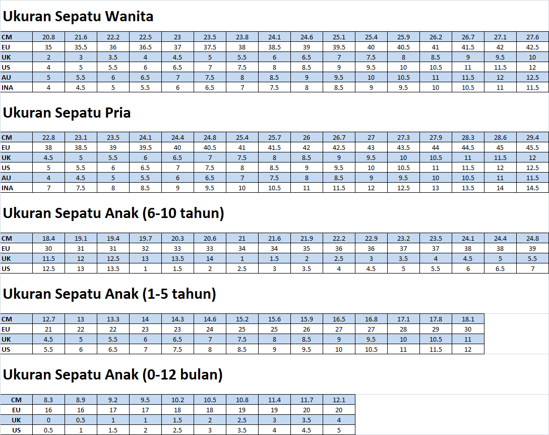 UKURAN SEPATU SEPATU WANITA
