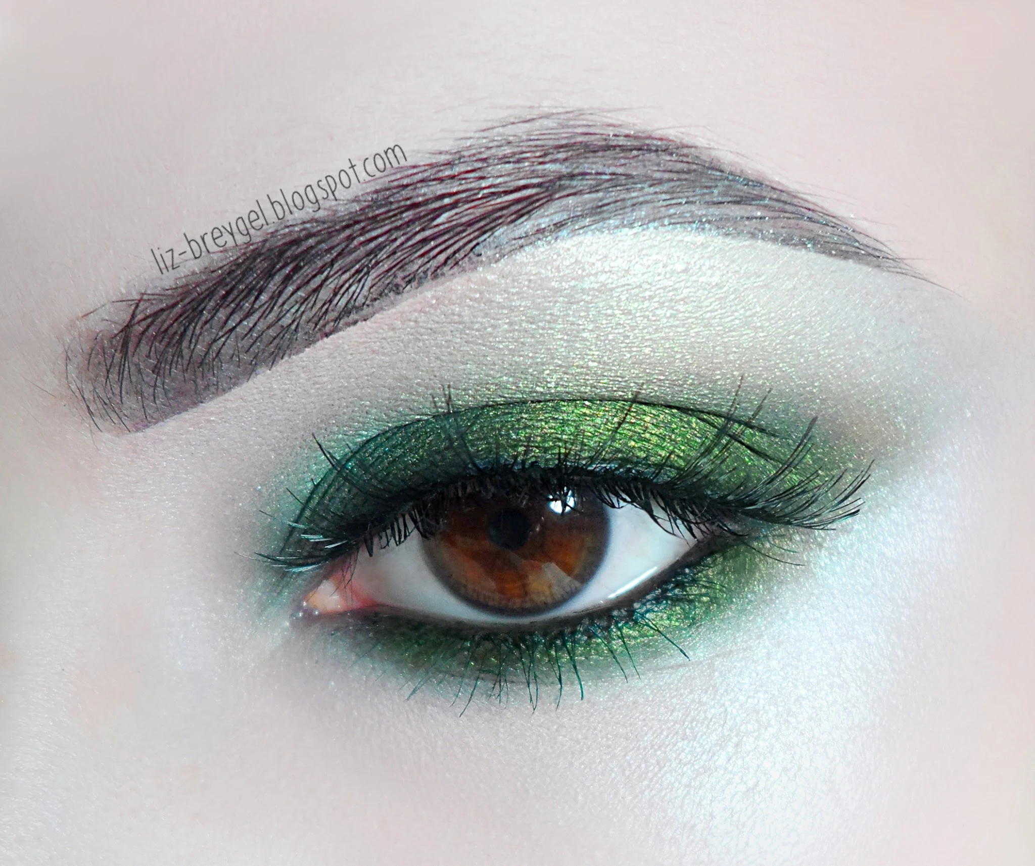 close-up of a brown eye with an emeralnd smokey green eye look inspired by peridot
