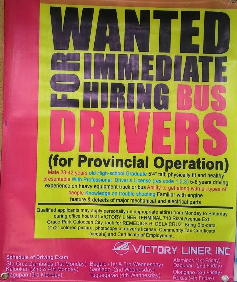 Job Hiring Victory liner Inc. Santiago City