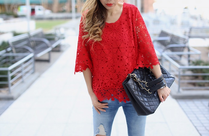 Chicwish flower crochet top, blank denim distressed jeans, Valentino rockstuds, baublebar anderson earrings, chanel grand shopping tote, hermes bracelet, spring style, spring outfit