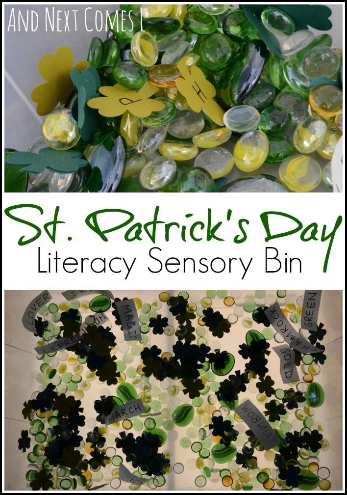 A literacy rich sensory bin for St. Patrick's day that looks great off and on the light table from And Next Comes L