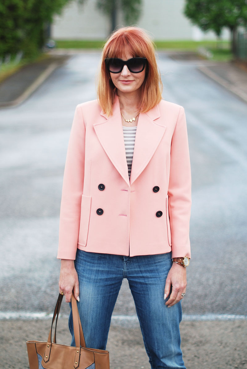 Relaxed Spring/Summer Style: Peach double breasted jacket, Breton striped top, boyfriend jeans | Not Dressed As Lamb