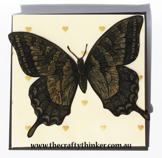 SU, Swallowtail, twisted easel card, vellum, fun fold, black and gold