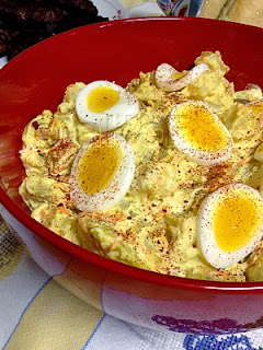 potato salad, mustard flavor, hard boiled eggs