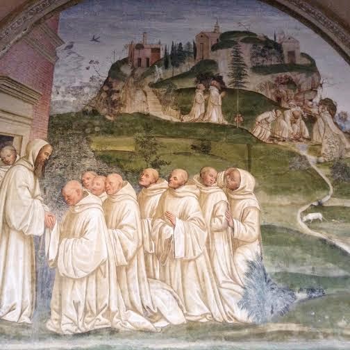 Abbazia Monte Oliveto Maggiore: Chiostro grande, Sodoma; Come Benedetto pregato dai monaci produce l'acqua 