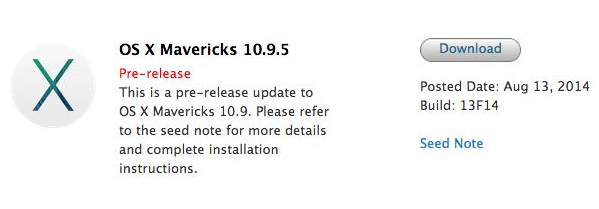 Mac OS X Mavericks 10.9.5 Beta 3 (13F14) Update