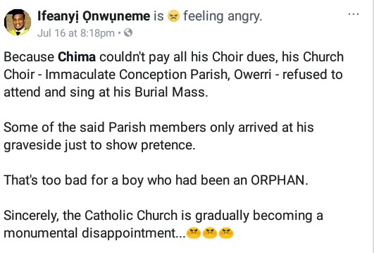 Catholic Church Choir in Imo State allegedly refused to perform at orphaned member