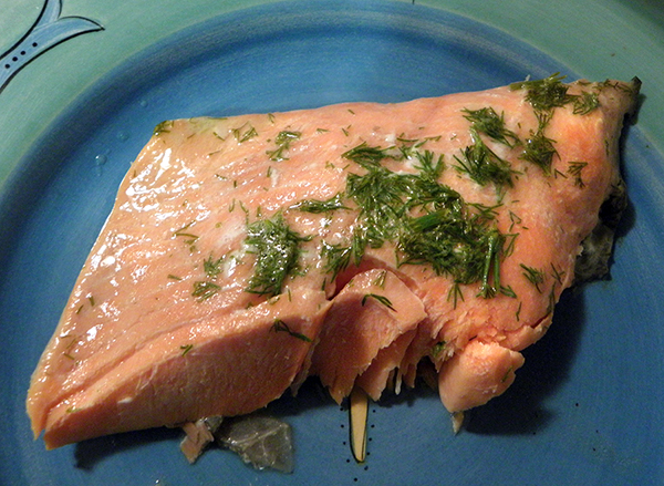 Closeup of one salmon serving