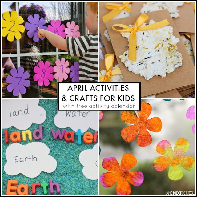April activities and crafts for kids with free downloadable activity calendar - includes lots of spring and Earth Day crafts and activities from And Next Comes L