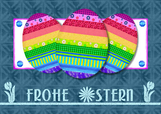 Die hinteren Eier sind etwas kleiner; so wirkt's räumlich Karte mit 3 bunt gestreiften Eiern